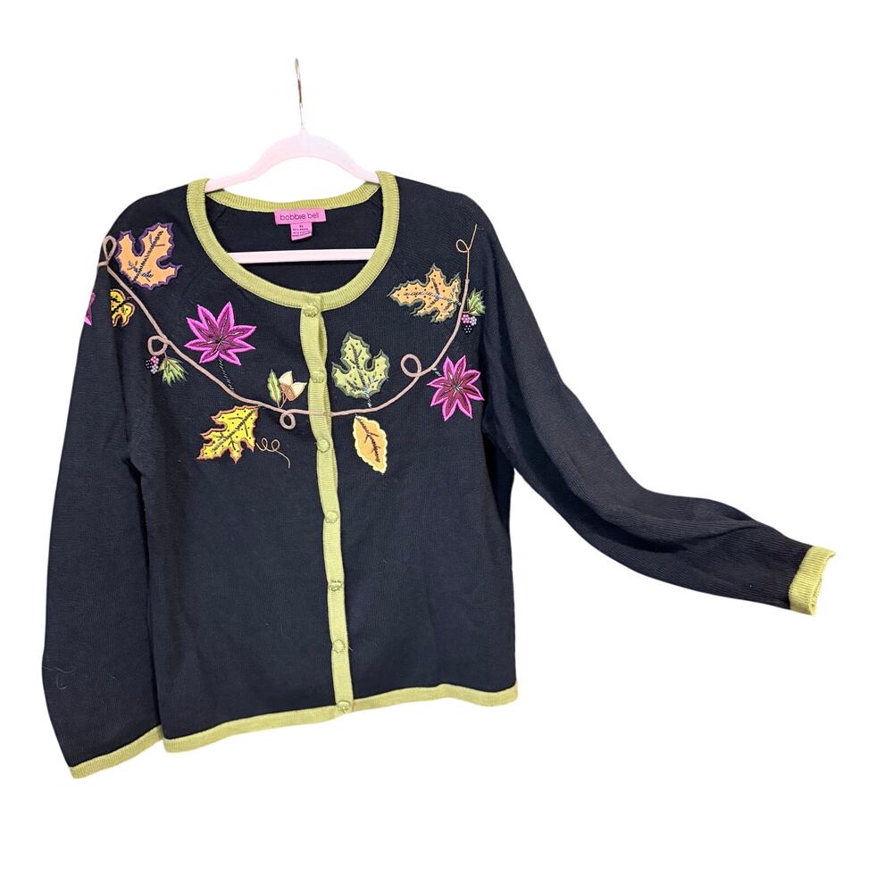 Vintage Bobbie bell cotton ramie autumn fall cardigan sweater XL grandma sequins